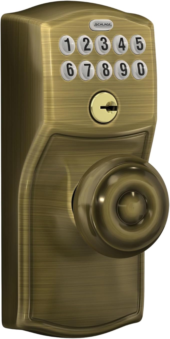 SCHLAGE FE595 CAM 609 GEO Camelot Keypad Entry with Flex-Lock and Georgian Style Knobs, Antique Brass