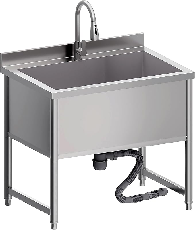 Stainless Steel Commercial Restaurant Sink, Freestanding Large Commercial Sink with Pull-out Faucet for Kitchen Dishwashing, Thawing, Pet Cleaning, Laundry Room, 35 Gallon, 23.6"D x 33.5"W x 36.8"H