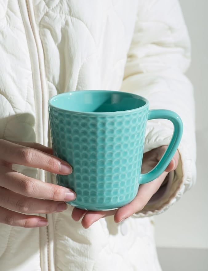 Ceramic Coffee Mugs 15 oz, Large Waffle Embossed Mug Set with Handle, Unique Coffee Cups for Latte, Cappuccino, Cocoa, Hot Tea, Mocha, Milk, Housewarming Wedding Present - Set of 4 (Turquoise)