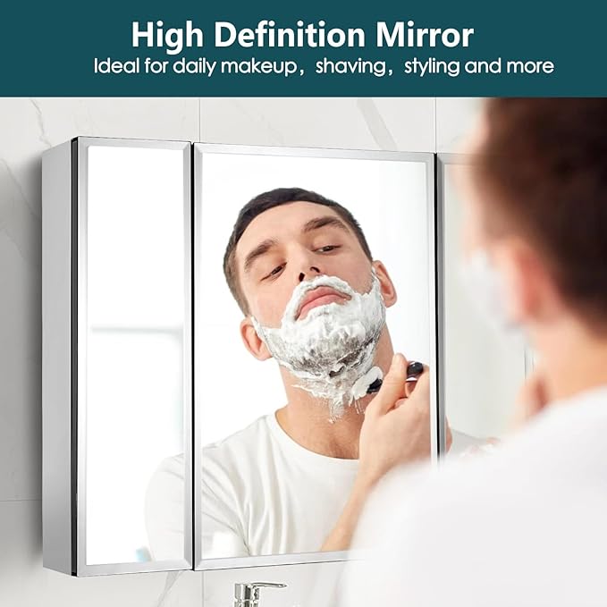 Movo Double Doors Medicine Cabinet with Mirror, 36 inch X 26 inch Aluminum Bathroom Medicine Cabinet, Adjustable Glass Shelves, Waterproof and Rust-Resist, Recess or Surface Mount Installation,Silver