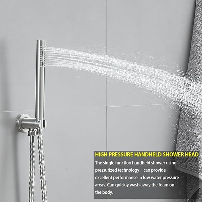 Brushed Nickel Ceiling Mount Round Rain Shower System with 12 Inch Shower Head and Handheld Bathroom Shower Set Contain Shower Faucet Trim Kit (Mixer Valve Included)