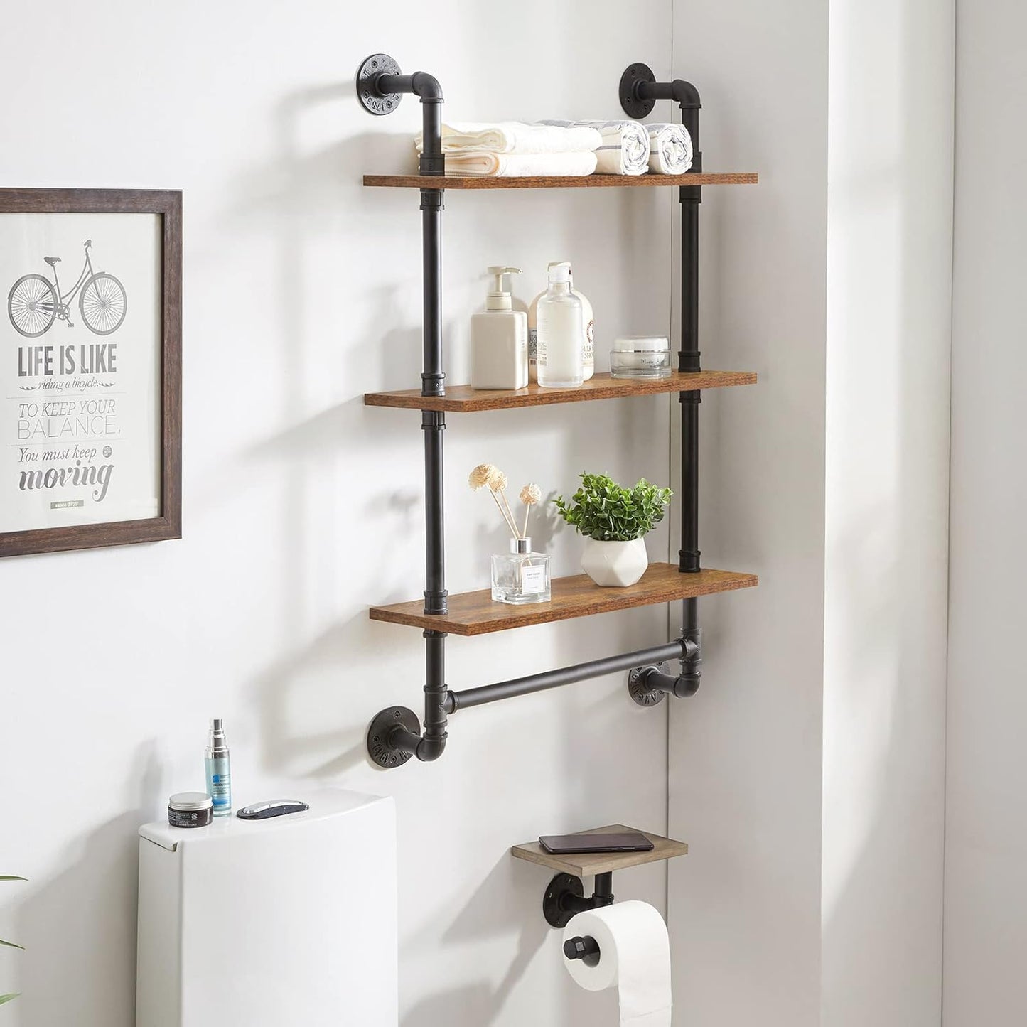 IBUYKE Industrial Pipe Shelf,40.5 inches Wall Mount Bookcase,3-Tier Wall Shelf with Towel Bar,Rustic Iron Pipe Floating Shelvesfor Bedroom,Kitchen,Living Room,Bathroom URF-TM015