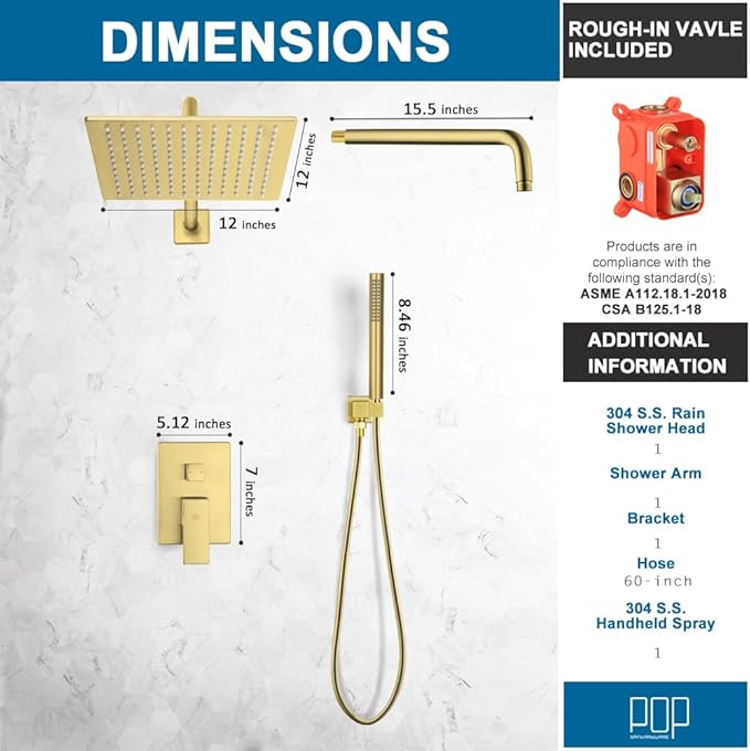 POP SANITARYWARE Shower Faucet Set Brushed Gold, 12 Inch Thickened Shower Head and Handle Set Bathroom Rain Shower System Wall Mounted Shower Fixture Include Shower Valve and Trim Kit