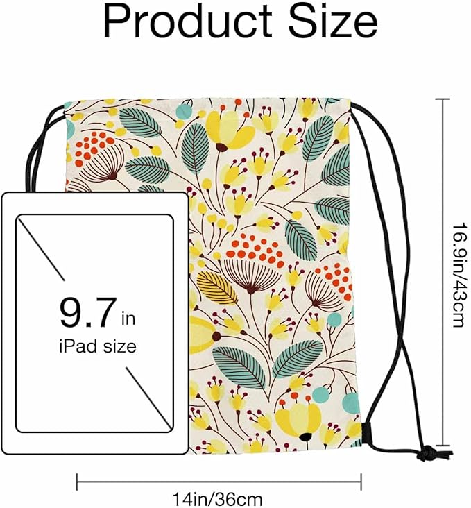 Floral Pattern Beautiful Yellow Flower Green Leaf Red Stamen Drawstring Backpack Gym Backpack Draw String Shoe Swim Back Bag for Women Men 14x16.9 Inch