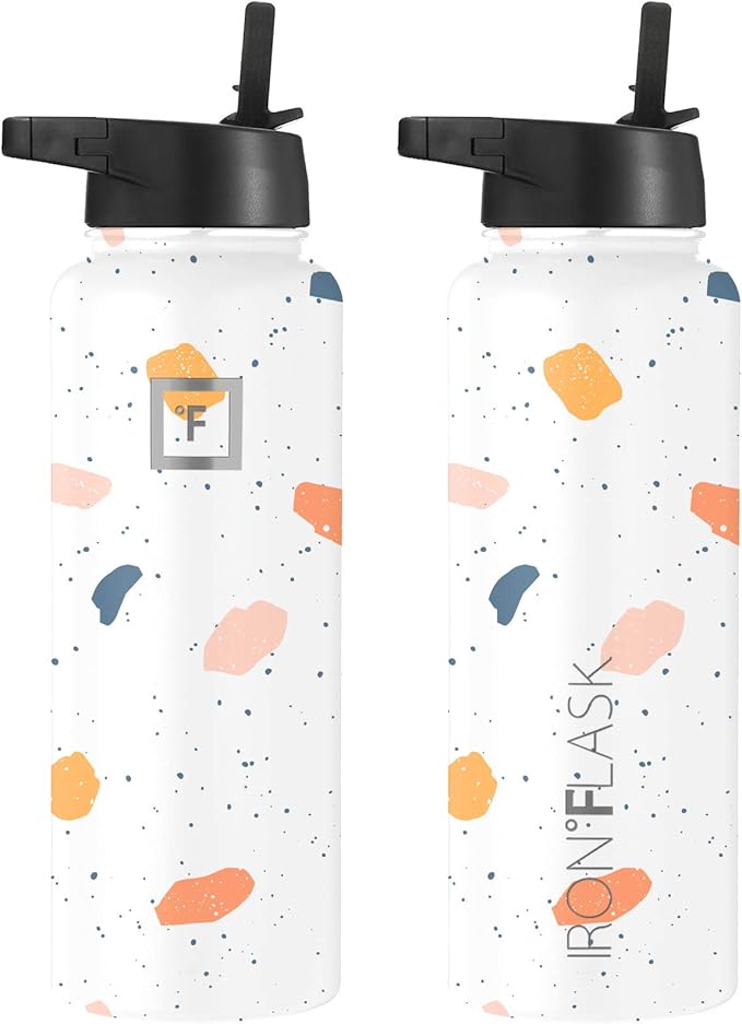 IRON °FLASK Sports Water Bottle - Wide Mouth with 3 Spout Lids - Stainless Steel Gym & Outdoor Bottles for Men, Women & Kids - Double Walled, Insulated Thermos, Metal Canteen - Terrazzo, 40 Oz