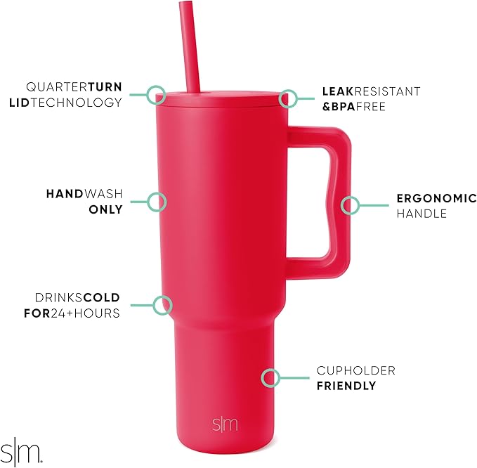 Simple Modern 40 oz Tumbler with Handle and Straw Lid | Insulated Cup Reusable Stainless Steel Water Bottle Travel Mug Cupholder Friendly | Gifts for Women Men Him Her | Trek Collection | Ember Red