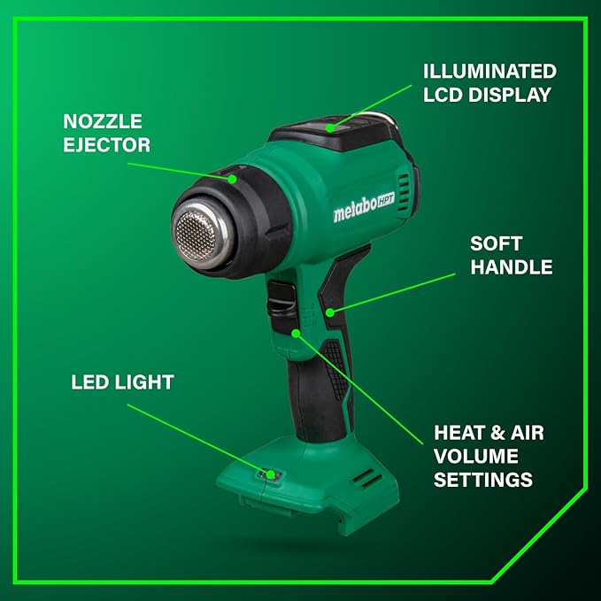 Metabo HPT 18V MultiVolt Cordless Heat Gun, Adjustable Heat Settings, Illuminated LCD Display, Compact and Lightweight, Ergonomic Design, Pro Tool Innovation Award Winner, RH18DAQ4