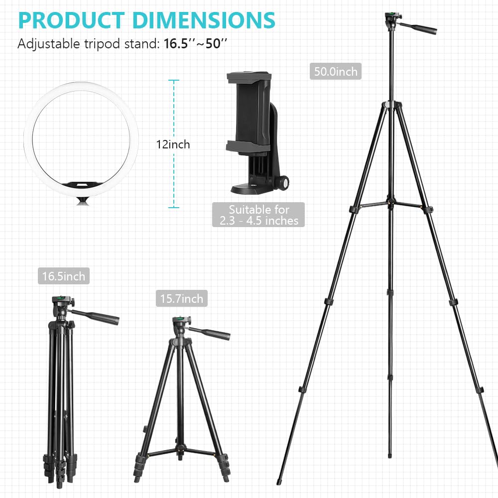 Sensyne 10'' Ring Light with 50'' Extendable Tripod Stand, LED Circle Lights with Phone Holder for Live Stream/Makeup/YouTube Video/TikTok, Compatible with All Phones