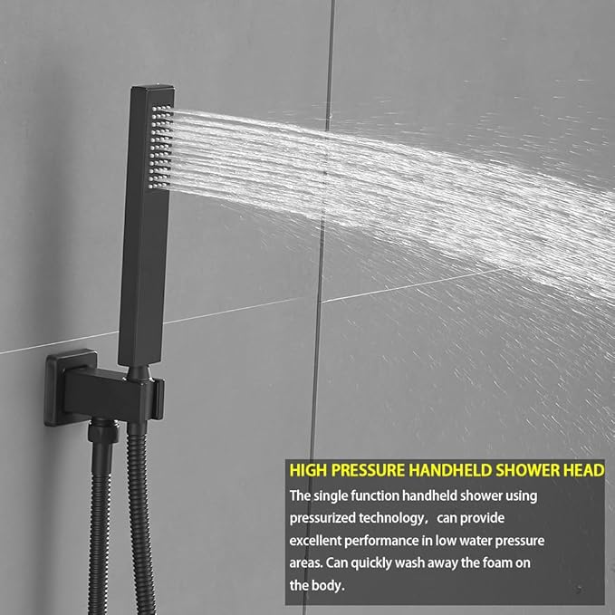 10 Inch Matte Black Shower System with Tub Spout, Bathtub Shower Faucet Set with Square Rainfall Head and Handheld Sprayer Wall Mount Tub Faucet Set with Valve and Trim Kit