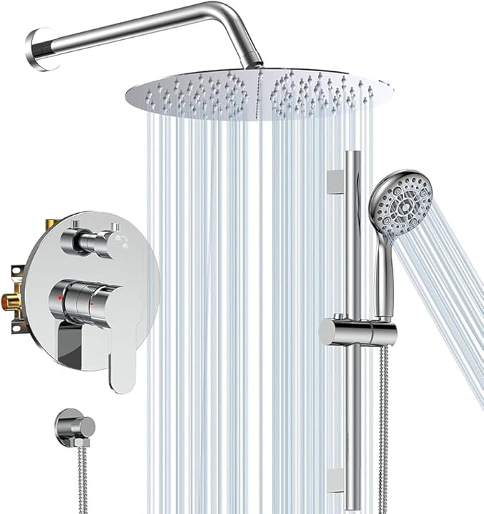SR SUN RISE 12 Inch Shower System, Slide Bar Shower Faucets Sets Complete Round Shower Heads and 6-Spray Handheld Combo, Wall Mounted Dual Shower Set Included Valve and Trim Kit, Polished Chrome