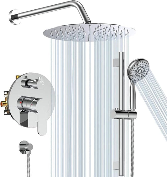 SR SUN RISE 12 Inch Shower System, Slide Bar Shower Faucets Sets Complete Round Shower Heads and 6-Spray Handheld Combo, Wall Mounted Dual Shower Set Included Valve and Trim Kit, Polished Chrome