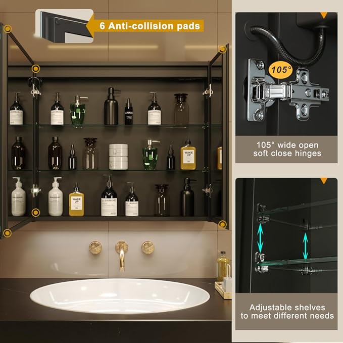 KWW 30 x 28 Inch Double Doors LED Lighted Bathroom Medicine Cabinet, Defogger, Dimmable, 3 Color Light Makeup Mirror, Outlets & USBs, Easy to Install, Wall Mounted Mirror Cabinet