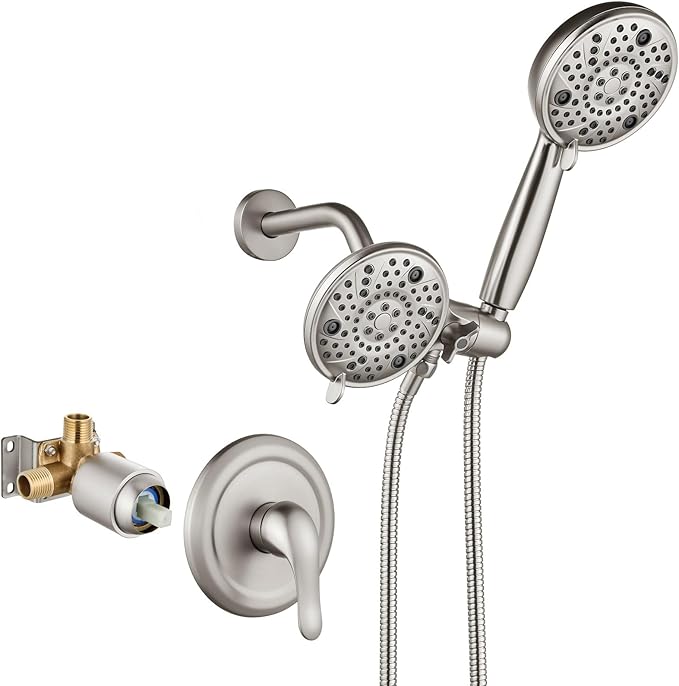 Aolemi Shower Faucet Set Rain Shower Head System Shower Trim Kit Pressure Rough-in Valve Included ABS 8 Setting Dual Shower Head and Handheld Spray Brushed Nickel