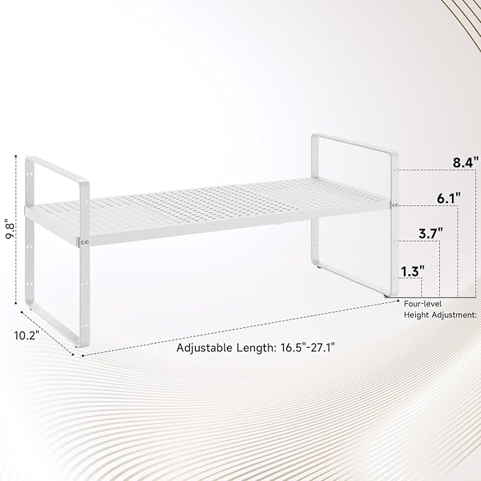 Hole Pattern Expandable Shelf Organizer,1Pack 10.2" Wide Easy to Assemble Cabinet Organizer Shelf, 16.5~27.1" Adjustable Height&Stackable Spice Organization for Cupboard, White