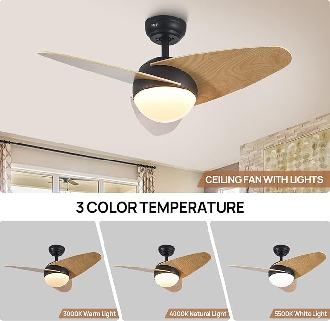 36" Ceiling Fans with Remote Control, Modern Ceiling Fans with Lights, Quiet Ceiling Fan with LED Light, Reversible DC Motor, 3 Colors, 5 Wind Speeds and Timer Function for Bedroom Living Room