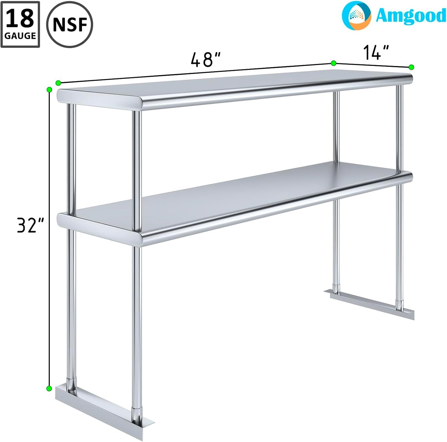 AmGood Double OverShelf Stainless Steel NSF - Many (48" Long x 14" Deep)