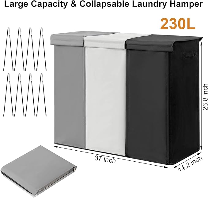 WOWLIVE 230L Laundry Baseket with Lid and Removable Laundry Bags,Large Laundry Hamper 3 Section Collapsible Dirty Clothes Hamper with Handles for Laundry Room,College Dorm,Bathroom