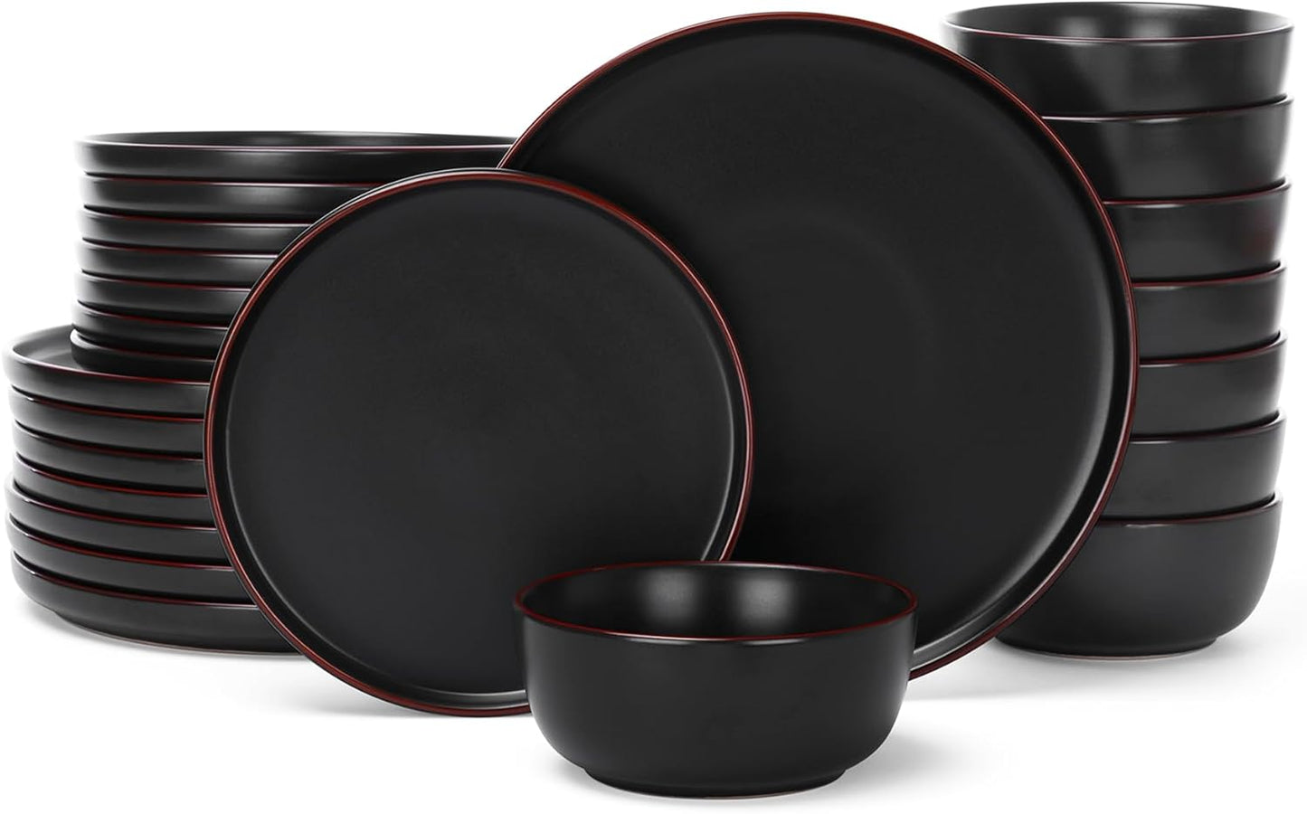Famiware Mercury 24 Pieces Dinnerware Sets, Plates and Bowls Sets for 8, Microwave and Dishwasher Safe Dish Set, Black