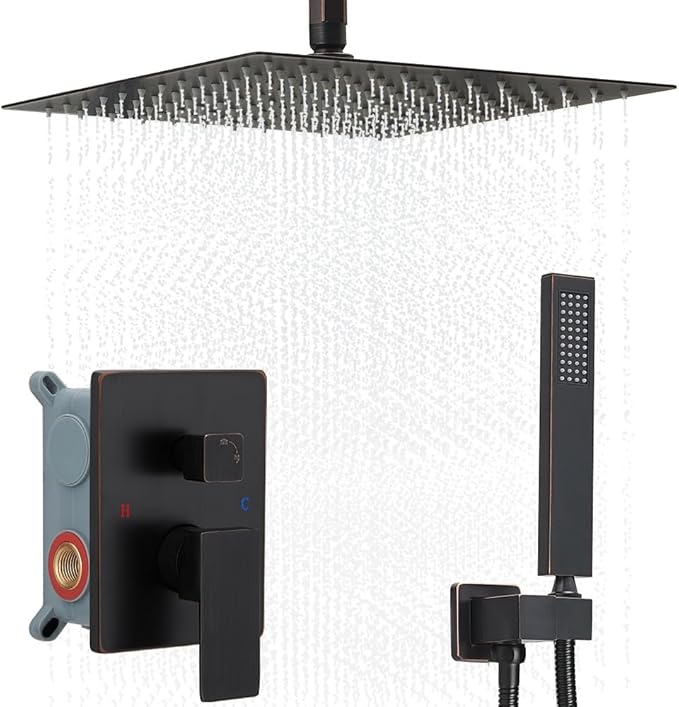 12 Inch Ceiling Mount Oil Rubbed Bronze Shower System Bathroom Luxury Rain Mixer Shower Combo Set Ceiling Rainfall Shower Head System (Contain Shower Faucet Rough-in Valve Body and Trim)