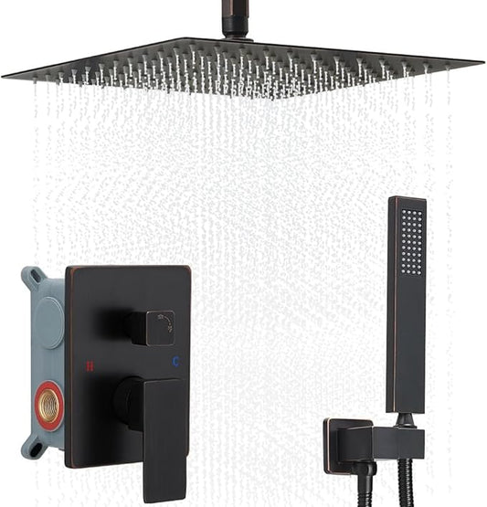12 Inch Ceiling Mount Oil Rubbed Bronze Shower System Bathroom Luxury Rain Mixer Shower Combo Set Ceiling Rainfall Shower Head System (Contain Shower Faucet Rough-in Valve Body and Trim)