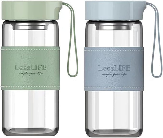 Snminetal 16 oz Borosilicate glass water bottle-with sealing cap and Holsters and filters Reusable Portable Glass drinking Bottle Apply to Make tea, coffee, office Go To School (Blue+Green)