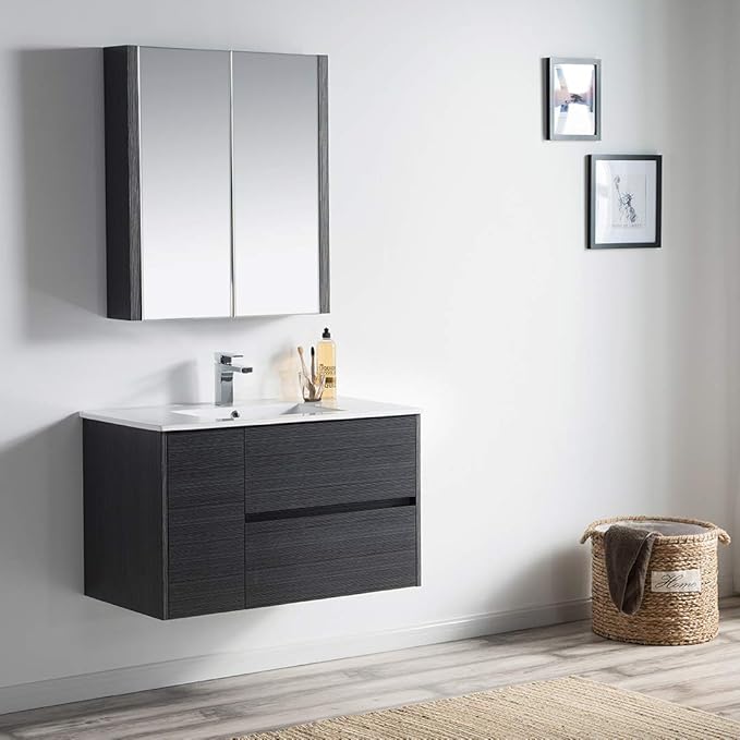 Blossom Single Bathroom Vanity with Ceramic Sink and Mirror Medicine Cabinet | All Wood Floating Vanity Cabinet | 2 Soft-Closing U-Shaped Cutout Drawers | 36 inch, Silver Grey