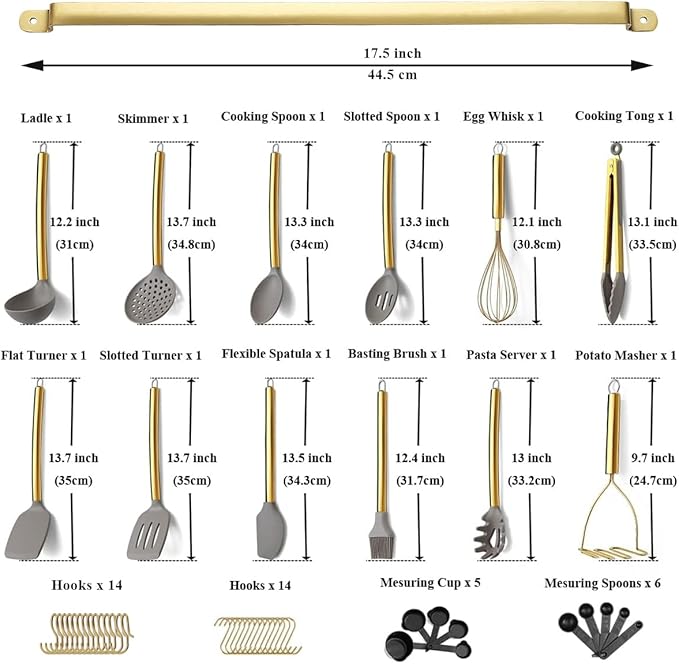 Gold Kitchen Utensils Set, Kyraton 38 Piece Silicone kitchen Cooking Utensils Set with Utensil Rack, Spoon Spatula Set, Non-Stick kitchen Gadgets, Dishwasher Safe