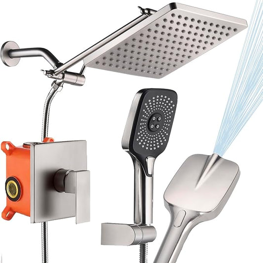 Shower Faucet Set Brushed Nickel Rough-in Anti-Scald Pressure Balanced Valve Body Modern Luxury Wall Mounted 10 Inch Rain Mixer Shower System (Brushed Nickel)