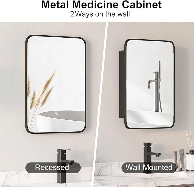 Metal Recessed Medicine Cabinets for Bathroom Medicine Cabinet with Mirror,Black Medicine Cabinet with Light,3 Color Lighted Medicine Cabinets Wall Mounted,Bathroom Mirror with Storage 16x24