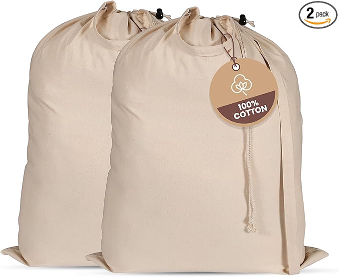 LFH Home Large Premium 100% Cotton Canvas Laundry Bag with Drawstring and Handles Heavy Duty, Multi-Use, and Washable for Home, Travel, College or Storage 20x30 (Pack of 2)-Natural Thanks Giving
