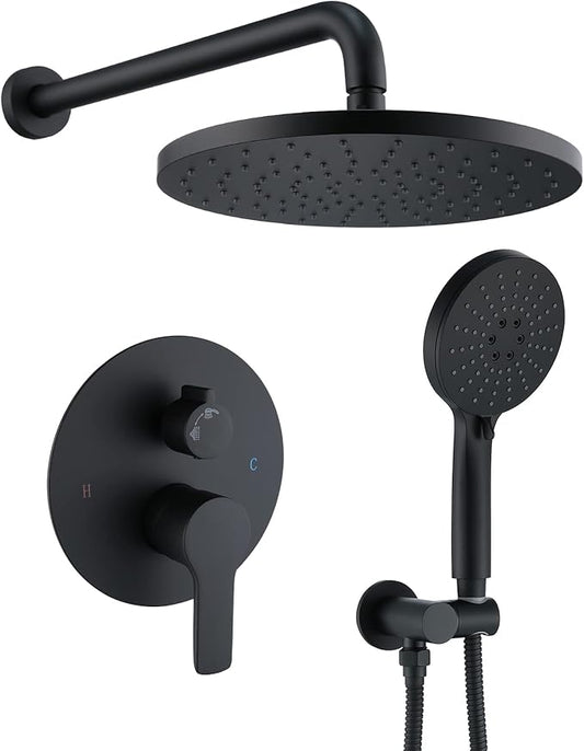 Iriber Shower System Wall Mounted Shower Faucet Mixer Set with Luxury High Pressure Shower head and 3-Setting Handheld, Bathroom Shower Trim Kit Contain Pressure Balance Valve, Matte black