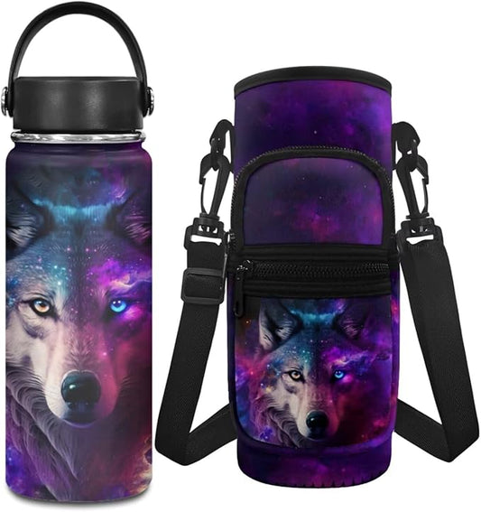 Wolf 20 OZ Stainless Steel Water Bottle for Boys 2 Pcs Water Bottle Holder Carrier Sling Water Bottle Pouch Sleeve Insulated Water Bottle with Shoulder Strap