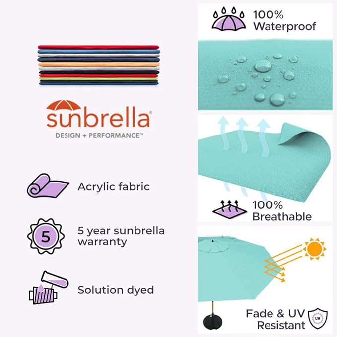 Midtown Umbrellas Sunbrella Umbrella Large Patio Umbrella 2-10 Feet in Aruba Acrylic Fabric - Auto-Tilt Aluminum Frame For Backyard Umbrella, Deck Umbrella & Porch Umbrella - Wooden Pole