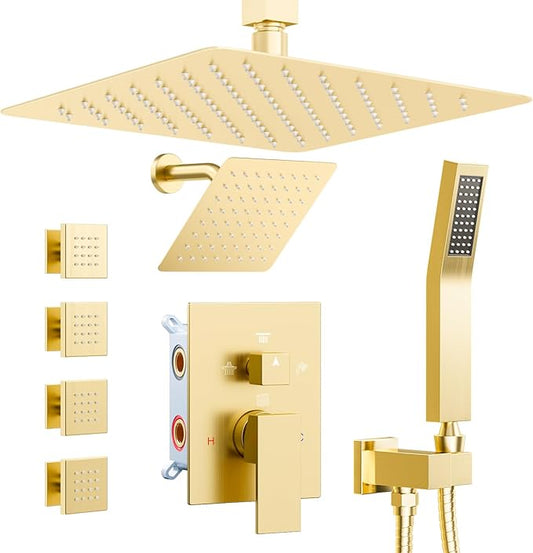 Shower Systems with 4 Body Spray Jets, STARBATH 4 Way 12+6" Rainfall Shower Head with Handheld Combo, Ceiling Mounted Shower Jets System in Wall Shower Faucet Sets Complete,Brushed Gold