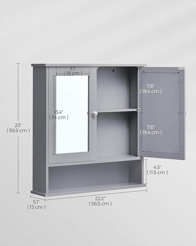 VASAGLE Bathroom Cabinet with Mirror, Wall Cabinet with 2 Mirrored Doors, Adjustable Shelf, Open Compartment, Wall-Mounted, 5.1 x 22.2 x 23 Inches, Dove Gray ULHC002G02