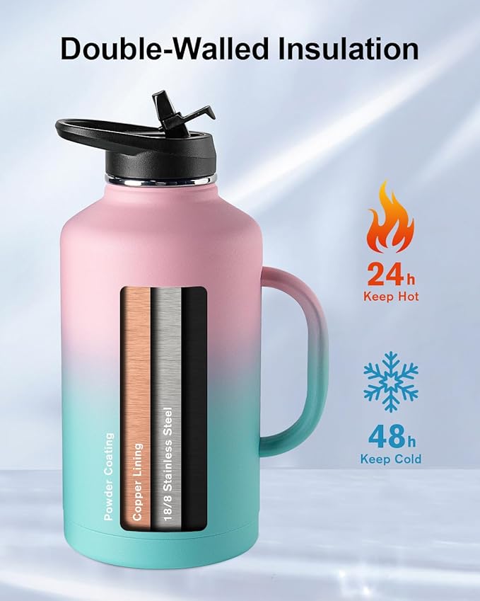 Trebo 64oz Water Bottle Insulated with Straw &2 Lids, Half Gallon Double Wall Vacuum Stainless Steel Metal Large Jug with Handle, Wide Mouth Coffee Flask Mug with Carry Pouch, Keep Cold Hot, Pink