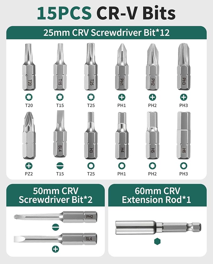 Cordless Screwdriver, 3.7V Electric Screwdriver with LCD Touchscreen Display, 8 Torque Settings, Includes 15Pcs Bits with Carry Bag, USB Cable, Tool Kit for Home DIY Projects