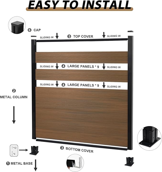 6x6 FT Wood Composite Privacy Fence Panel, Outdoor AC Unit Cover, Pool Equipment Screen, Trash Can Barrier | Weatherproof, Easy Installation, Durable Composite Fencing (Brown with 1 Post)