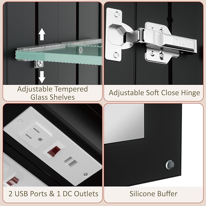 32x32 Inch Led Lighted Medicine Cabinet with Mirror, Recessed or Surface Mount Bathroom Medicine Cabinet, Anti-Fog, Adjustable Shelf, Dimmable Light, Outlets & USB, ETL Listed, Black