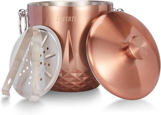 Ice Bucket with Lid, Double Wall Stainless Steel insulated ice bucket, Champagne Bucket, Wine Bucket for parties, cocktail bar, Copper, 3L
