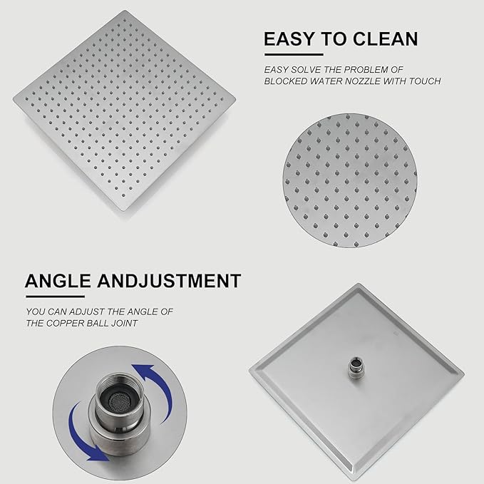 RUMOSE Brushed Nickel Rainfall Shower System 12 Inch High Pressure Square Shower Head with 2 in 1 Handheld Spray Wall Mount Brass Bathroom Shower Faucet Set with cUPC Certified Rough-in Valve