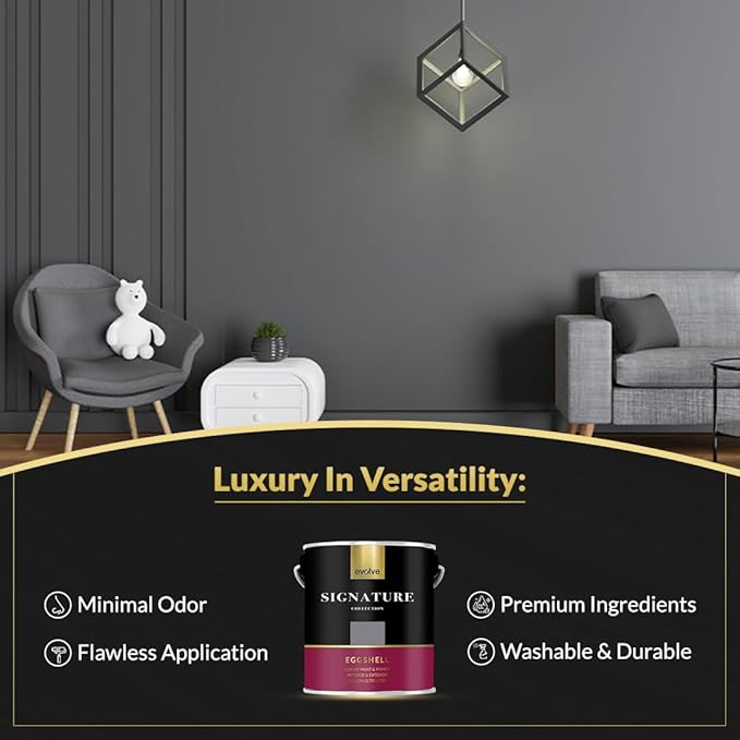 EVOLVE Signature Paint & Primer: Luxury Paint & Primer for Indoor & Outdoor Surfaces, Minimal Odor, Eggshell Sheen Gunmetal Gray, 1 Gallon