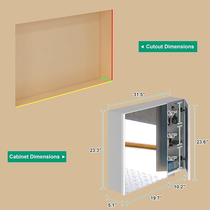32x24 Inch Medicine Cabinet with LED Light Mirror, Brightneess Adjustable and Full-Assembled Bathroom Aluminum Cabinet with Storage, Surface or Recessed Tempered Cabinet, Farmhouse Sliver