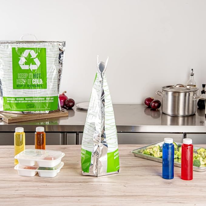 Restaurantware Cater Tek 20.1 x 7.1 x 20.1 Inch Hot And Cold Bags 10 Triple Layer Insulated Bags - Snap Lock Handles Waterproof Green & Silver Plastic Thermal Lunch Bags For Frozen & Hot Items
