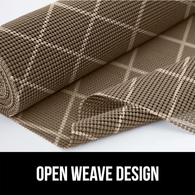 Gorilla Grip powerGRIP Drawer Shelf and Cabinet Liner, Thick Strong Hold, Non-Adhesive Liners Protect Kitchen Cabinets and Cupboard, Bathroom Drawers, Easy Install, Breathable Mat, 17.5" x20', Beige