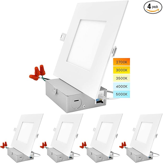 LUXRITE 6 Inch Ultra Thin Square LED Recessed Lighting, 5 Color Temperature Options 2700K - 5000K, Dimmable LED Downlight, 12W, IC & Wet Rated, 1000 Lumens, Canless LED Recessed Light, ETL (4 Pack)