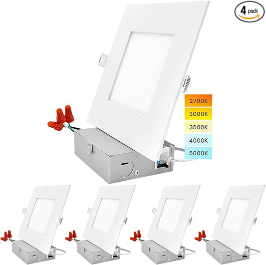 LUXRITE 6 Inch Ultra Thin Square LED Recessed Lighting, 5 Color Temperature Options 2700K - 5000K, Dimmable LED Downlight, 12W, IC & Wet Rated, 1000 Lumens, Canless LED Recessed Light, ETL (4 Pack)