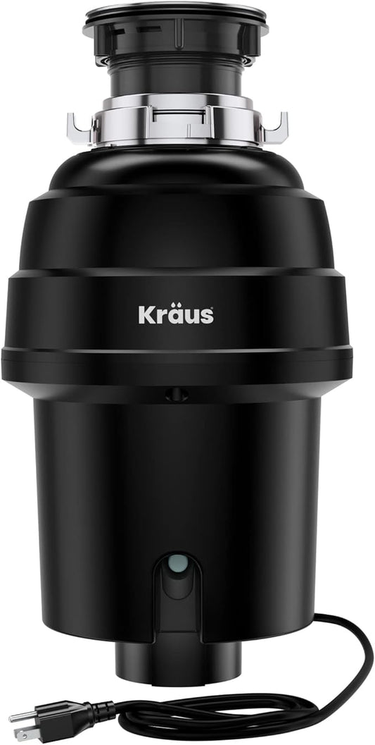 KRAUS WasteGuard 1 HP Ultra-Quiet Garbage Disposal with Quick Connect, Kitchen Sink Drain Cover, Power Cord and Flange Included, KWD100-100MBL