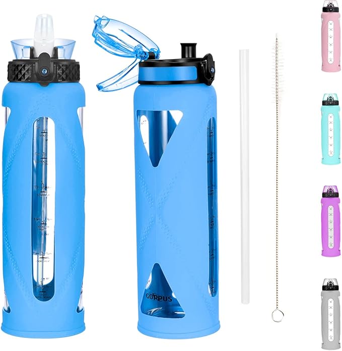 GOPPUS Glass Water Bottles with Straw and Flip Lid, Motivational Water Bottles with Time Marker Reminder and Silicone Sleeve, Leakproof, BPA Free (32 oz, Blue)