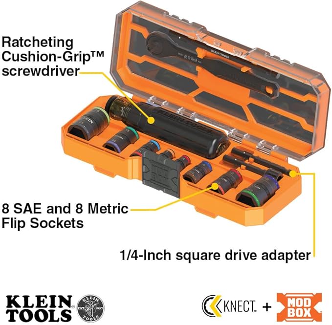 Klein Tools 65242 KNECT Impact Socket Set, Ratcheting Screwdriver Set, 1/4-Inch Drive, SAE and Metric Flip Sockets, 16 Hex Sizes, Adapters, MODbox Case